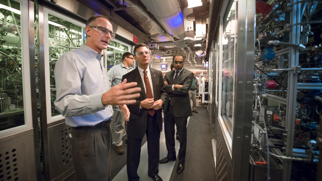 DuPont Display - Jim Collins, executive vice president, DuPont, tours the new OLED materials scale-up facility at Stine-Haskell with Avi Avula< DuPont Display - Jim Collins, executive vice president, DuPont, tours the new OLED materials scale-up facility at Stine-Haskell with Avi Avula<
