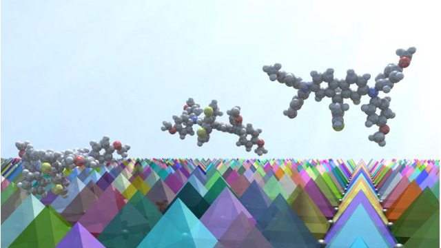 EPFL - 3-D illustration of FDT molecules on a surface of perovskite crystals EPFL - 3-D illustration of FDT molecules on a surface of perovskite crystals